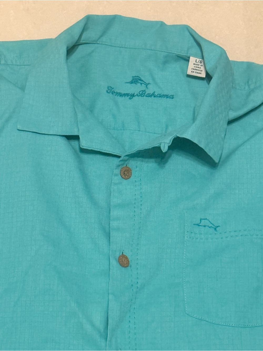 Tommy Bahama Mens Large L Aqua Blue Silk Blend Short Sleeve Island Zone Shirt